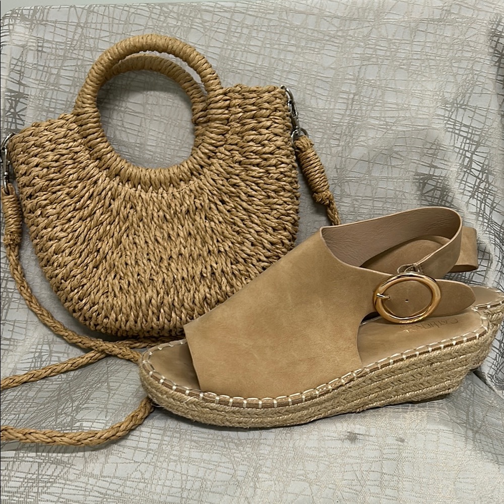 wedge sandals  and cute straw bag bundle in good condition.